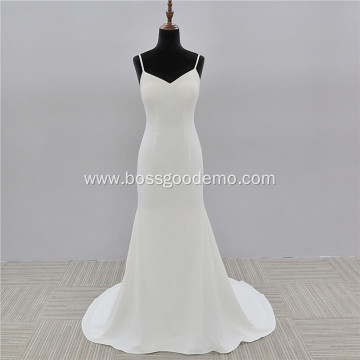 simple Sleeveless Spaghetti strap open back wholesale bridal mermaid gown crepe wedding dress